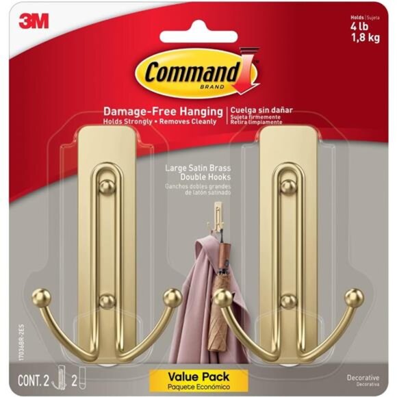 Large Satin Brass Double Hooks, 2 Coat Hooks and 2 Command Strips, Damage-Free - Picture 1 of 8